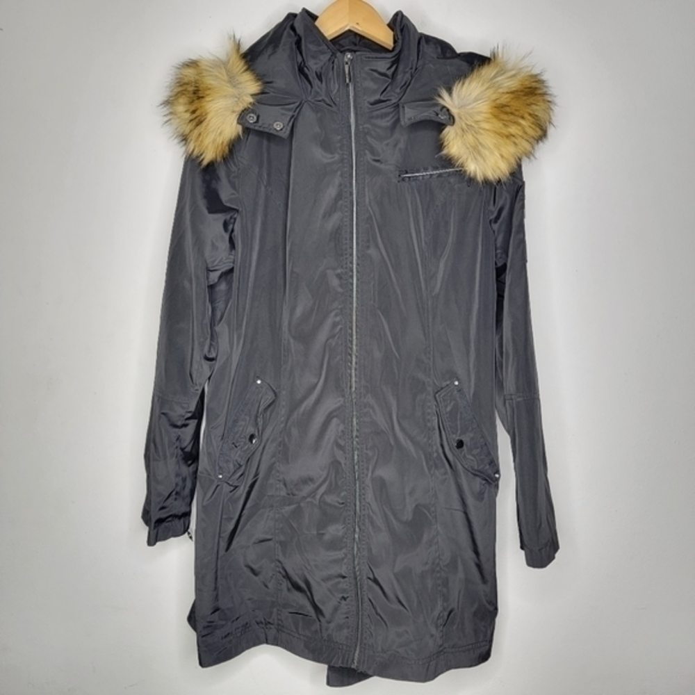 Tahari Large L Solid Black‎ Faux Fur Hooded Womens Windbreaker Jacket